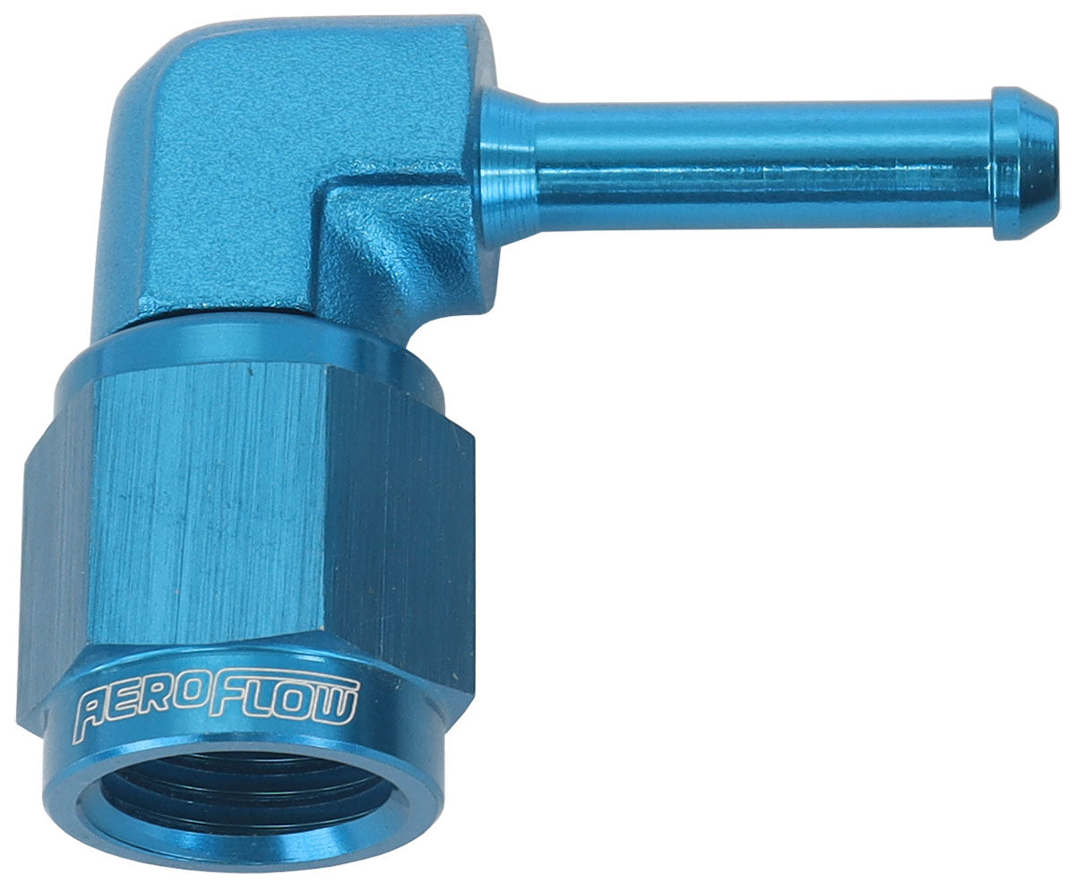 AF413-04 - FEMALE -4AN 90 DEG TO 3/16" BARB BLUE WITH TUBE NUT