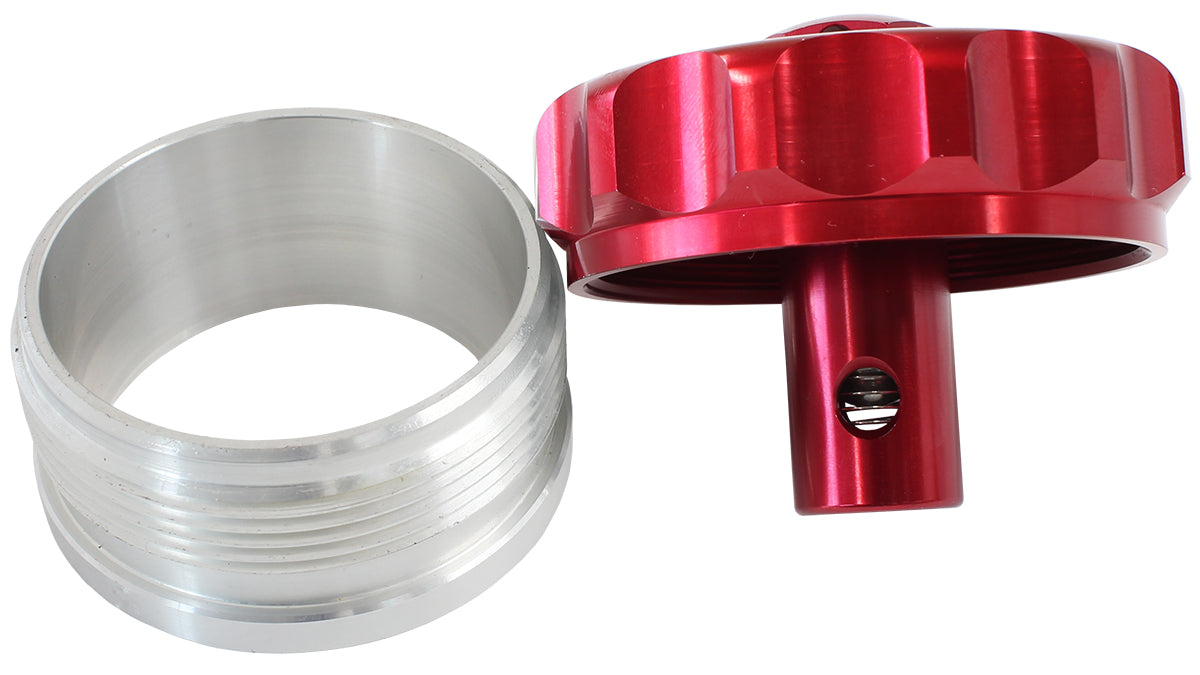 AF460-32-RV-R - 2" ALUM WELD BUNG AND CAP RED WITH ROLL OVER VALVE
