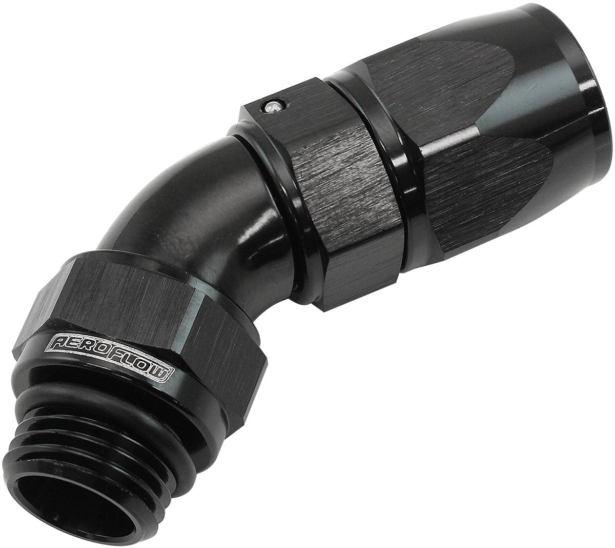 AF582-06-06DBLK - MALE END -6ORB to -6AN TEFLON FULL FLOW BILLET 45 DEG BLACK