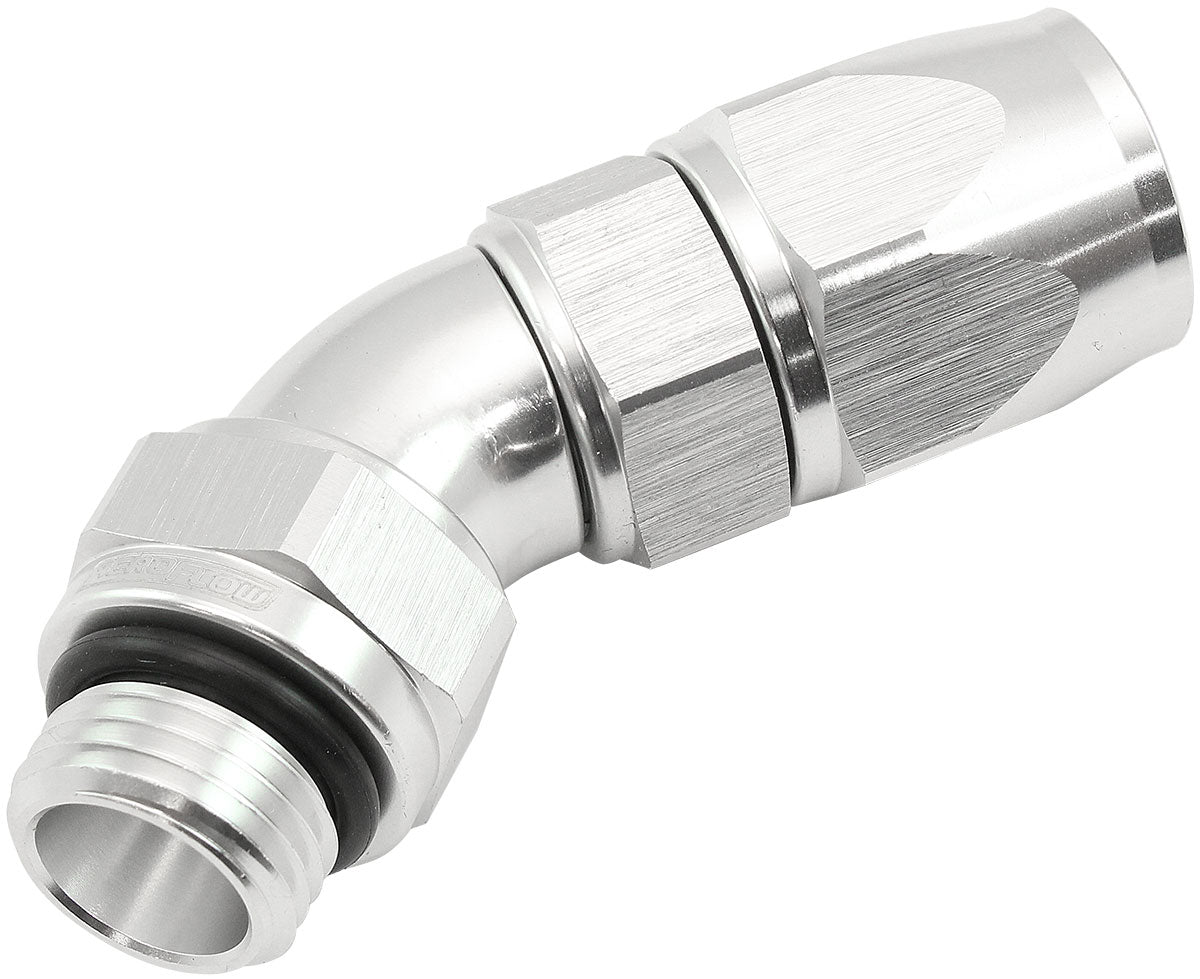 AF582-06-06DS - MALE END -6ORB to -6AN TEFLON FULL FLOW BILLET 45 DEG SILVER