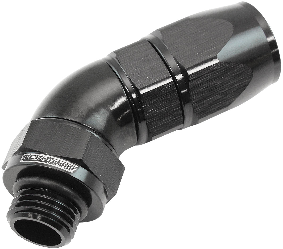 AF582-08-06DBLK - MALE END -6ORB to -8AN TEFLON FULL FLOW BILLET 45 DEG BLACK