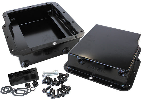 AF72-3002BLK - 3" Deep Fabricated Transmission Pan including Filter Extension Black Finish. Suit GM Powerglide