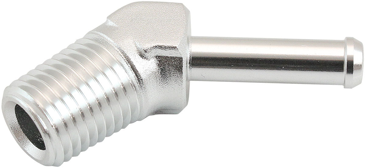 AF845-04-04S - MALE 1/4" NPT TO 1/4" BARB SILVER 45 DEGREE MALE TO MALE