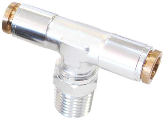 AF124-04S - 1/4" NPT TEE TO 2 X 1/4" 120 SERIES NYLON SILVER FITTING