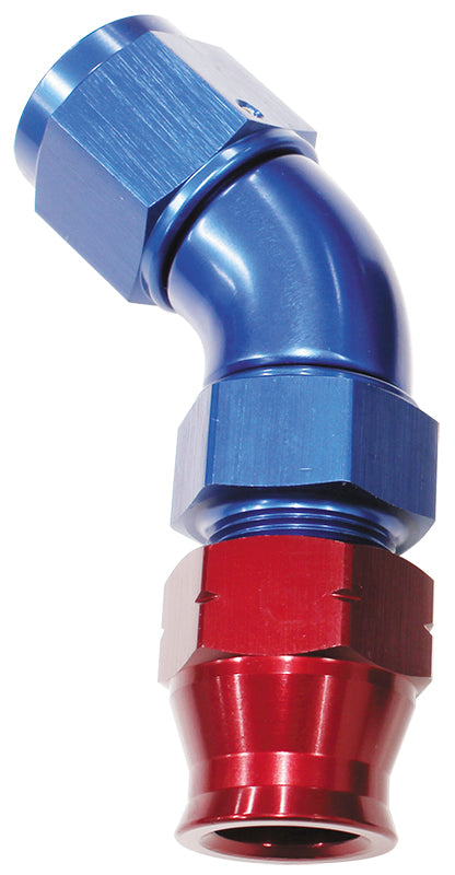 AF129-06 - 3/8" TUBE 45 DEG FEMALE -6AN BLUE SWIVEL NUT WITH OLIVE