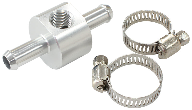 AF138-06S - INLINE PRESSURE GAUGE ADAPTER 3/8" BARBS W/ 1/8" NPT, SILVER