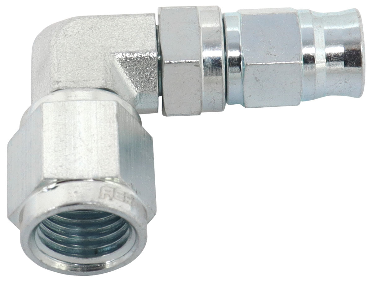 AF203-04-03S - STEEL 90 DEG HOSE END -4AN B-NUT TO -3AN TEFLON HOSE ZINC