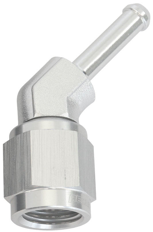 AF412-04S - FEMALE -4AN 45 DEG TO 3/16" BARB SILVER WITH TUBE NUT
