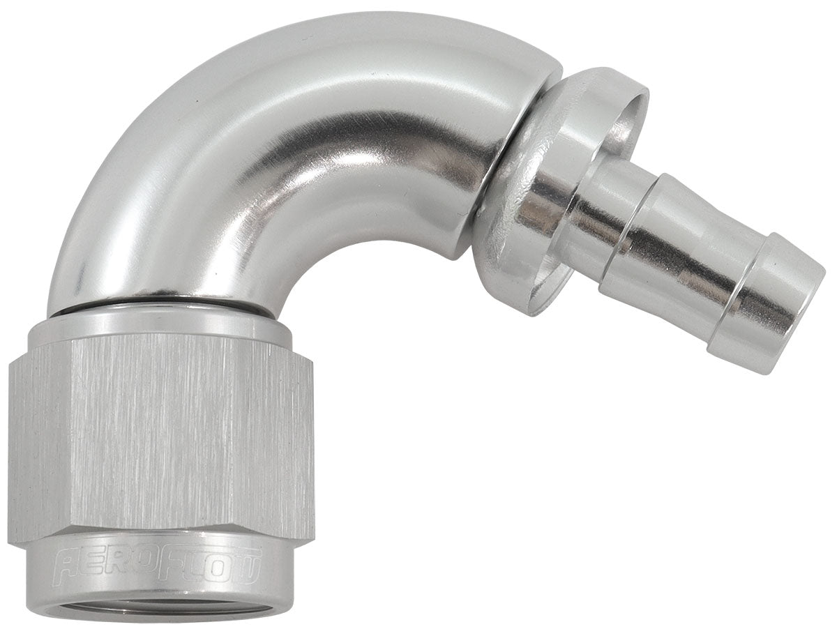 AF514-06-05S - -6AN TO 5/16" BARB 120 DEGREE FULL FLOW PUSH LOCK SILVER