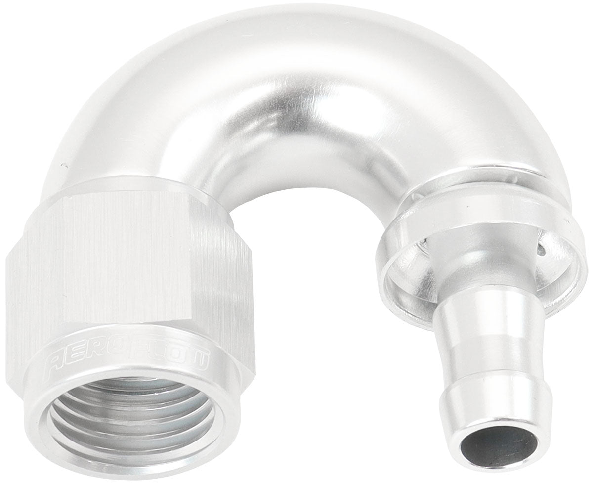 AF516-06-05S - -6AN TO 5/16" BARB 180 DEGREE FULL FLOW PUSH LOCK SILVER