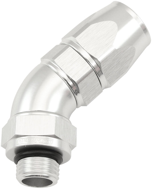 AF582-08-06DS - MALE END -6ORB to -8AN TEFLON FULL FLOW BILLET 45 DEG SILVER