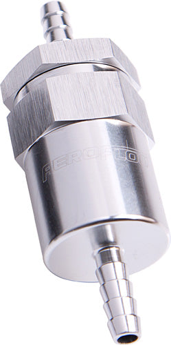 AF610-06S - BILLET FUEL FILTER 3/8" BARB SILVER 30 MICRON BRONZE FILTER