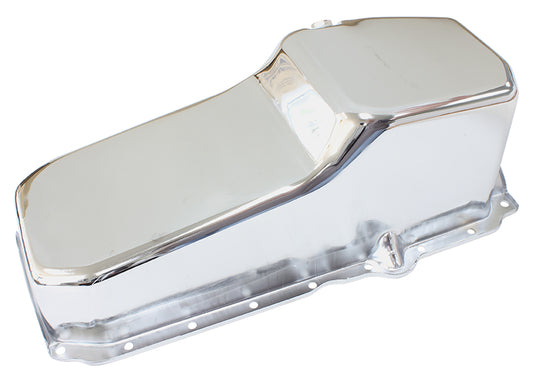 AF82-9414C - STOCK OIL PAN SBC LATE '86 ON RH/SIDE DIPSTICK CHROME