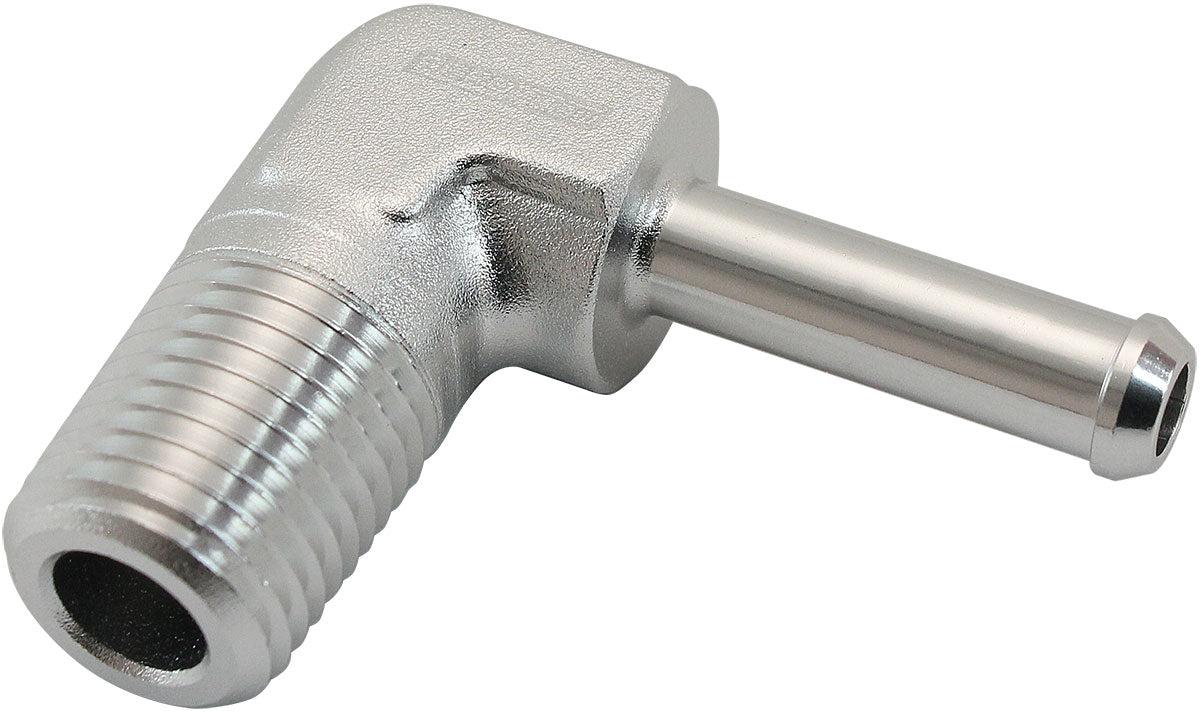 AF842-04-04S - MALE 1/4" NPT TO 1/4" BARB SILVER 90 DEGREE MALE TO MALE