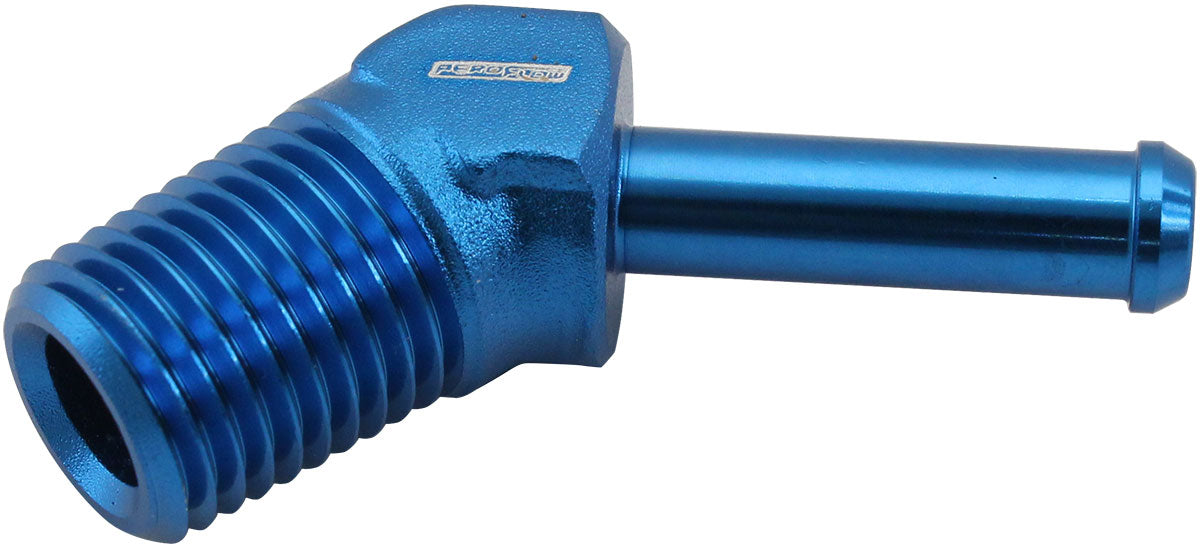 AF845-04-04 - MALE 1/4" NPT TO 1/4" BARB BLUE 45 DEGREE MALE TO MALE