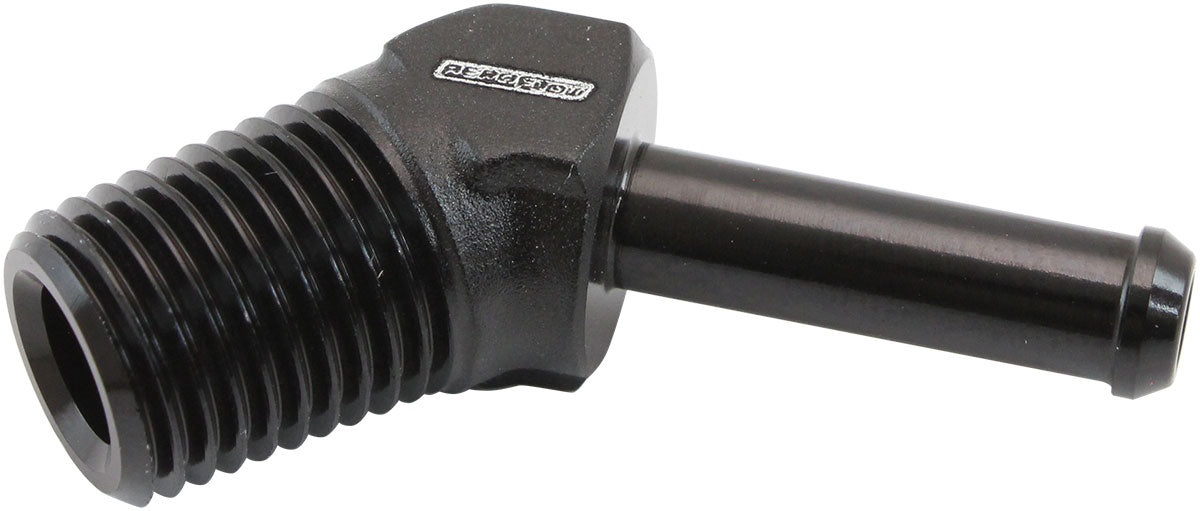 AF845-04-04BLK - MALE 1/4" NPT TO 1/4" BARB BLACK 45 DEGREE MALE TO MALE