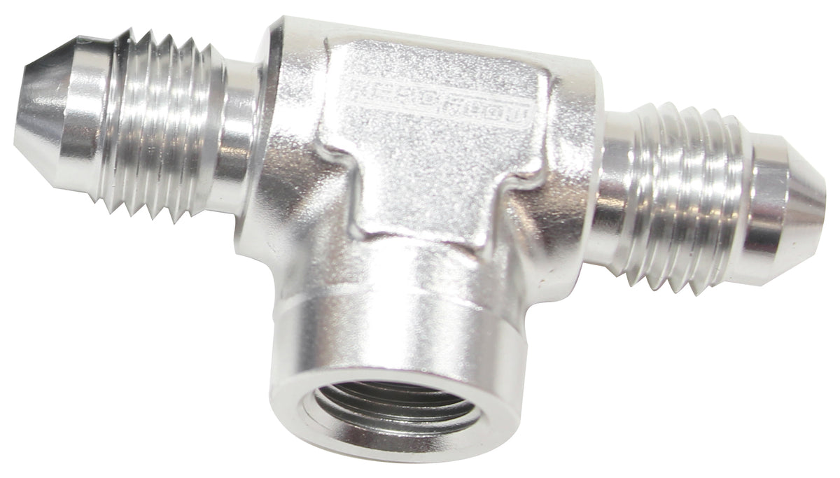 AF918-04-02S - -4AN MALE TEE WITH 1/8 ON SIDESILVER FEMALE 1/8" NPT ON SIDE